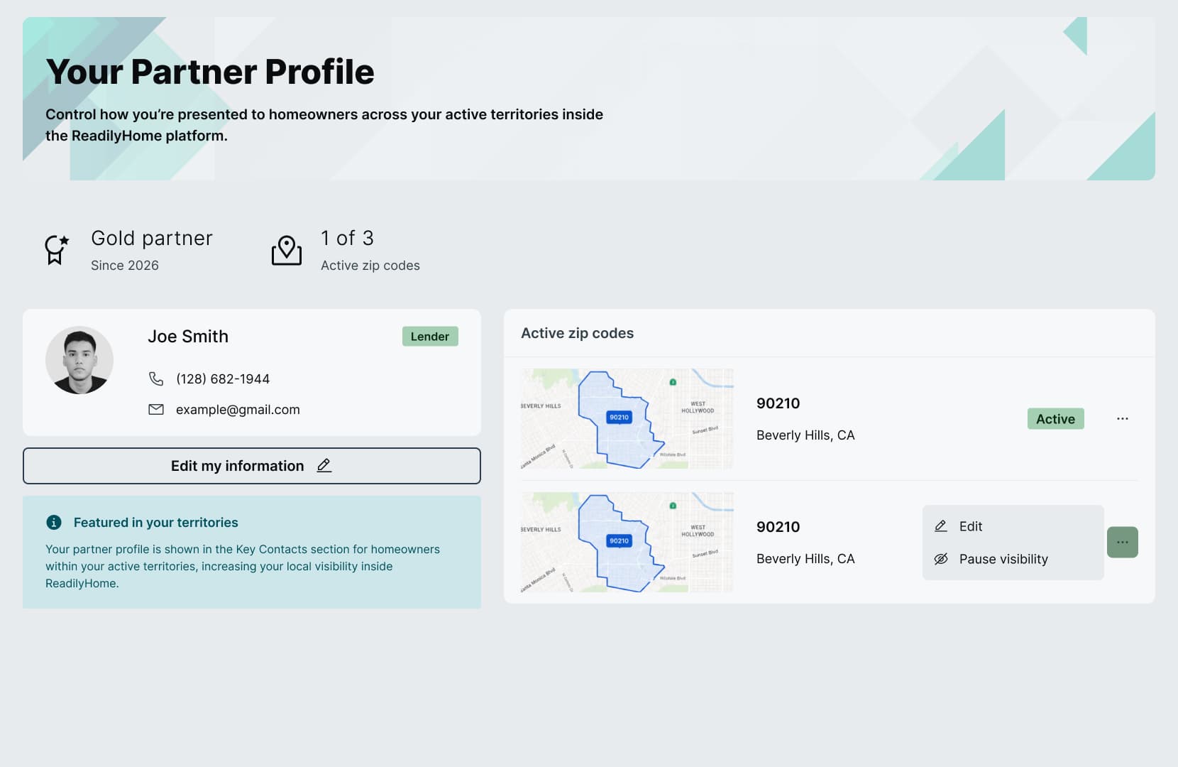 ReadilyHome partner profile inside a client's dashboard