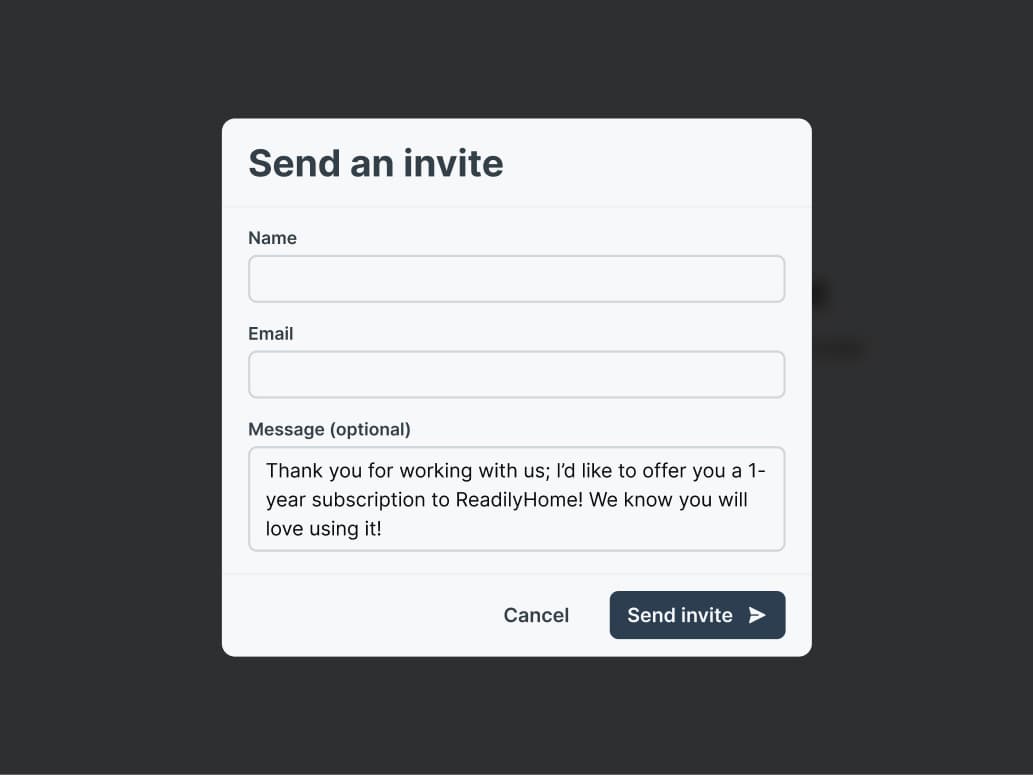 ReadilyHome invite modal for gifting a client membership