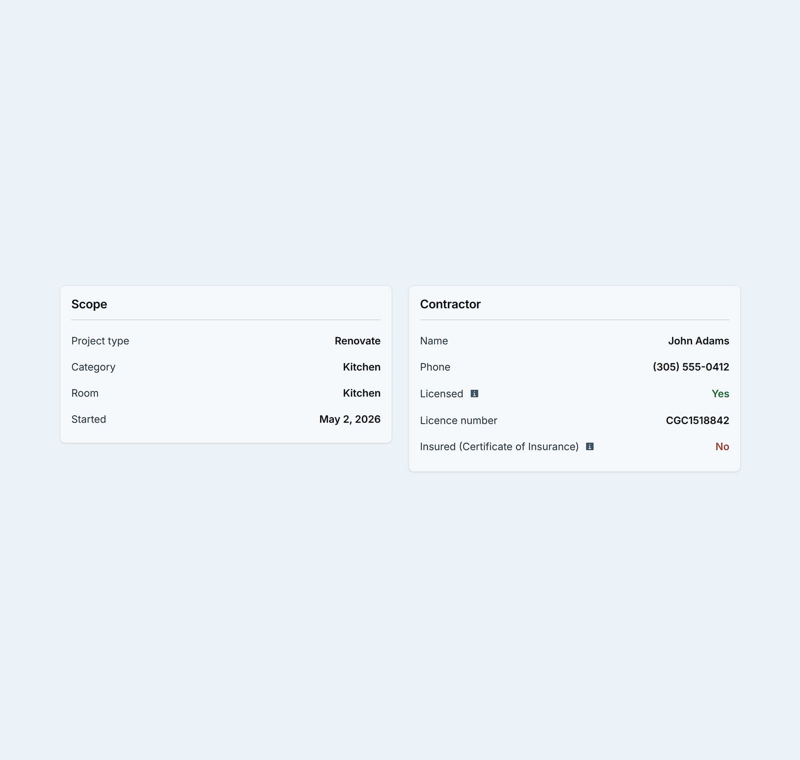 Project detail view with scope, contractor, photos & invoices