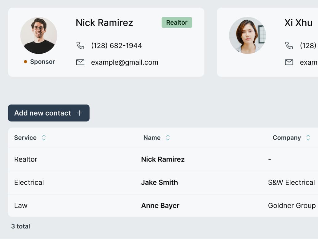 ReadilyHome key contacts with realtor & service professionals