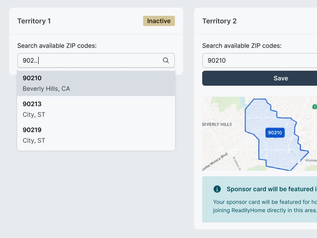 ReadilyHome territory ZIP code selection with map