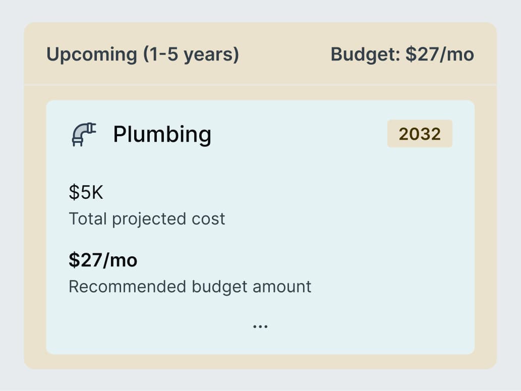 ReadilyHome upcoming replacement cost projection with recommended budget