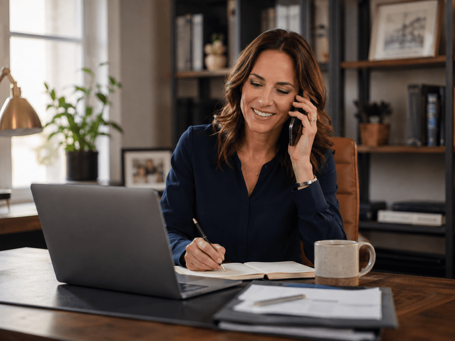 Insurance agent on a phone call taking notes at her desk